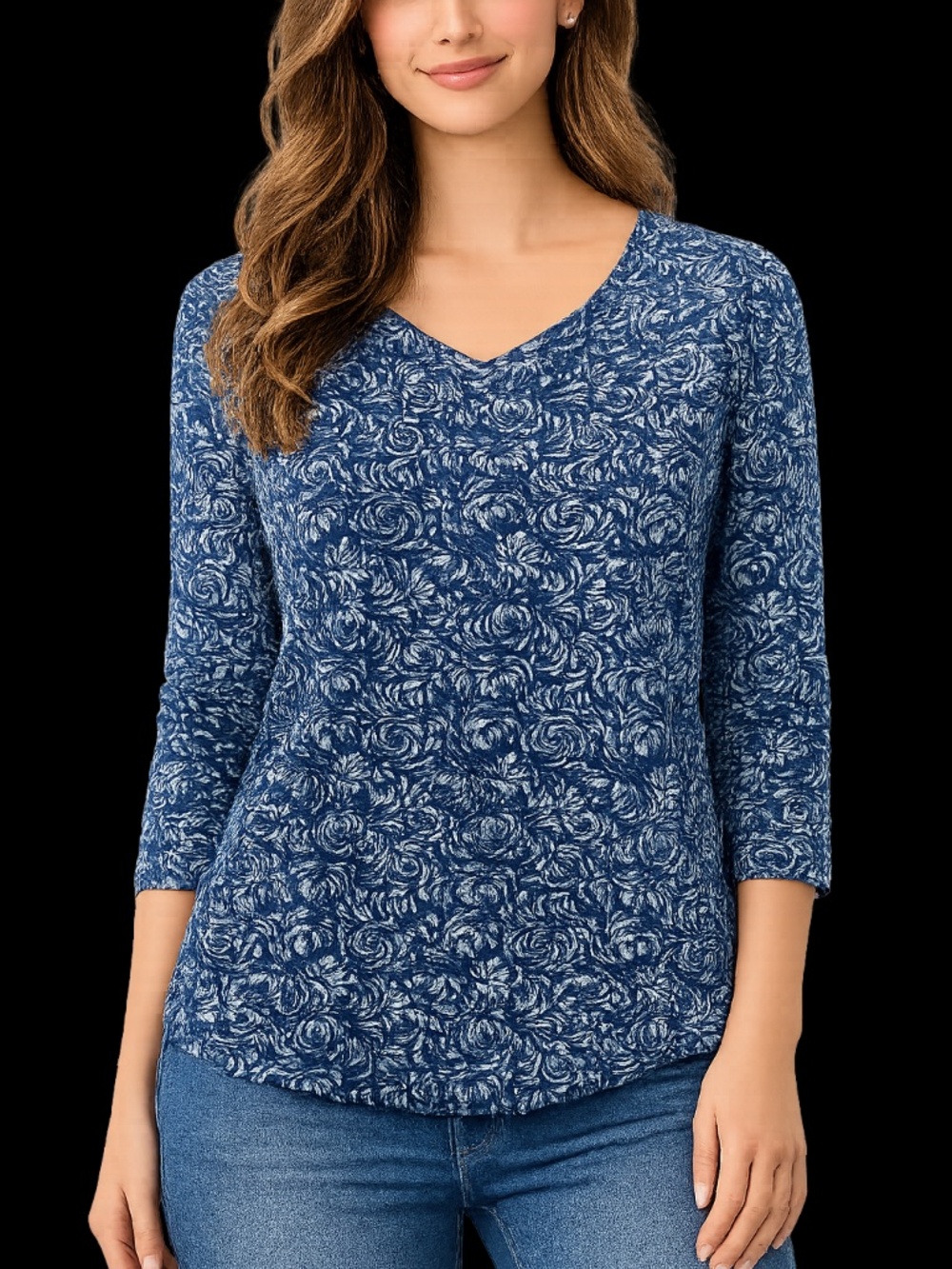 Chico's Navy Blue & White Swirl Print tee top with three-quarter 3/4 sleeve Sz 2 - Picture 2 of 5